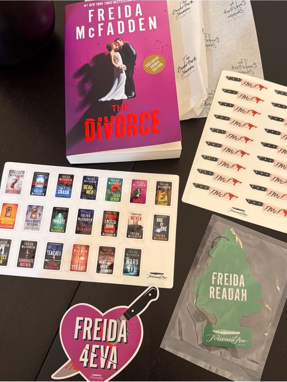 Freida McFadden "The Divorce" SIGNED book with stickers and air freshener